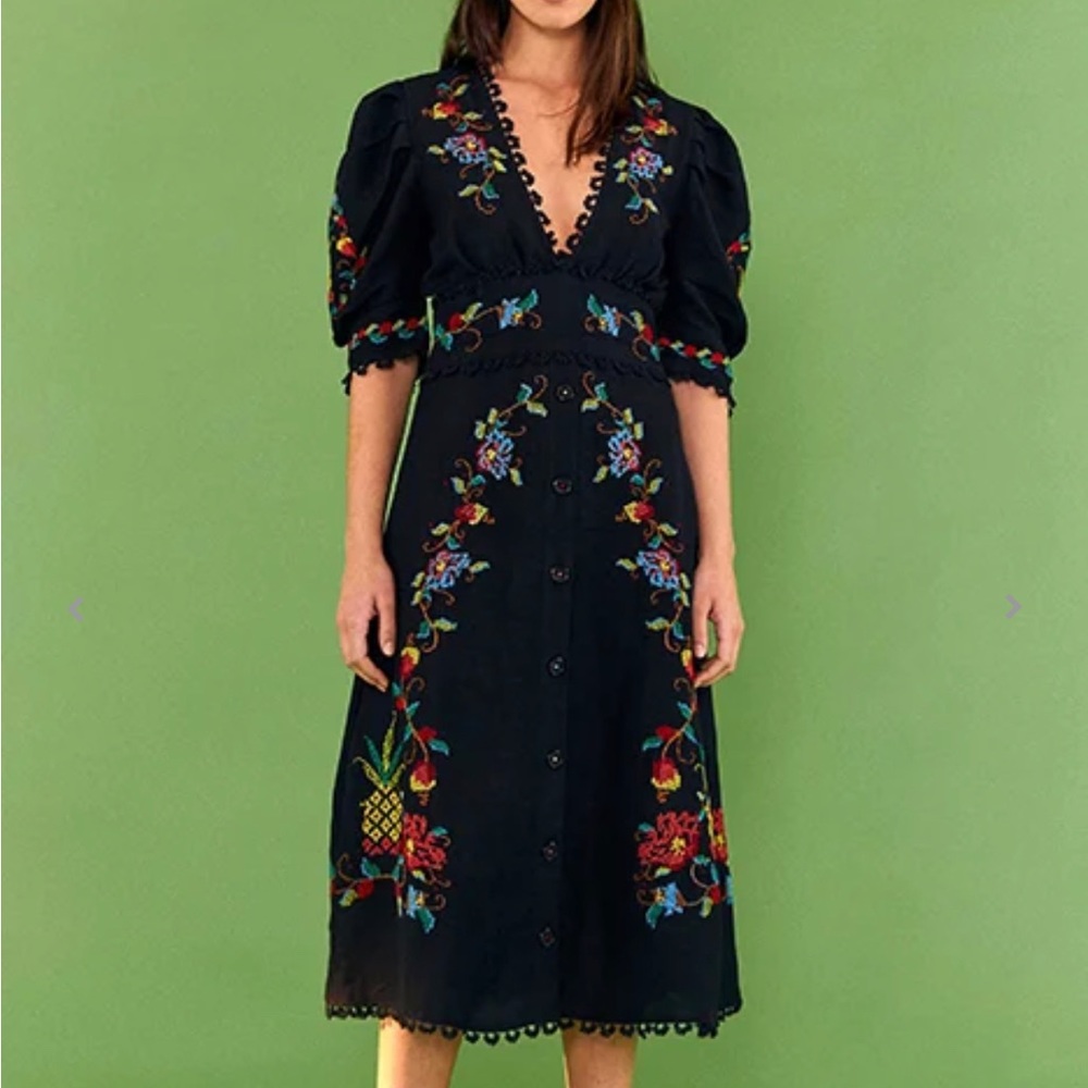 Farm Rio black V-neck cross-stitch dress, M, NWOT